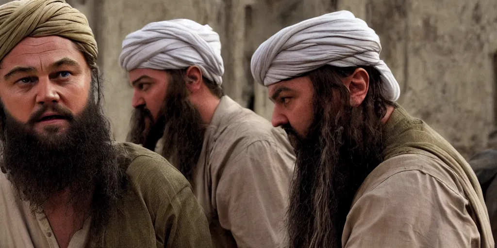 Prompt: leonardo dicaprio as osama bin laden in'bin laden'( 2 0 1 7 ), movie still frame