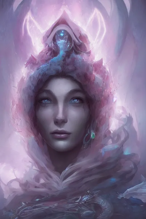 Prompt: face closeup beautiful girl necromancer full of sculls, wizard of the coast casting magic spell, angel and demons, heaven, magic storm and thunder clouds, scifi, fantasy, magic the gathering, hyper detailed, octane render, concept art, 3 d render, hyper realistic detailed portrait, peter mohrbacher
