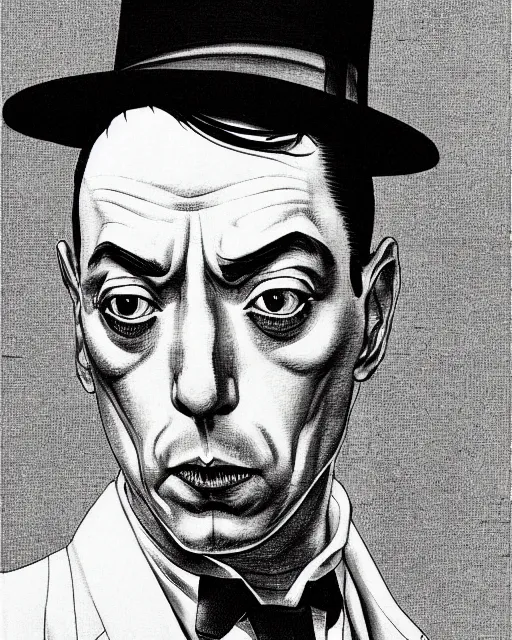 Prompt: buster keaton portrait by araki hirohiko and kentaro miura, manga illustration, striking handsome face