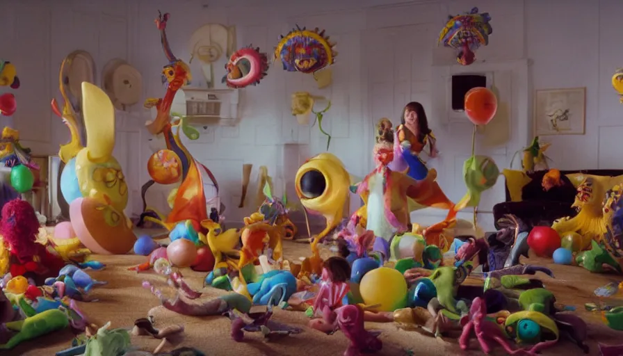 Prompt: movie still by alejandro jodorowsky of a beautiful day in a family living room in suburban usa, visible magic energy, dream creature costumes, floating planets, octopus, multicultural parade floats, cinestill 8 0 0 t eastmancolor technicolor, high quality, very detailed, heavy grain, fine facial features, 8 k, octane render