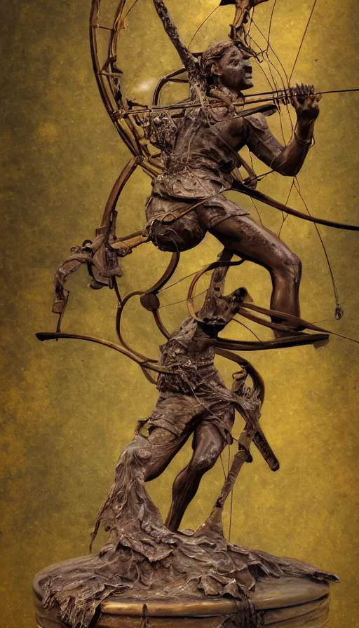 Image similar to An epic fantastic realism comic book style painting of a distressed bronze archery sculpture from the future by Stanislaw Szukalski, beautiful colorful flowers rain down, gilded marbled paper background, archer, fisheye lens, unreal 5, DAZ, hyperrealistic, octane render, dynamic lighting