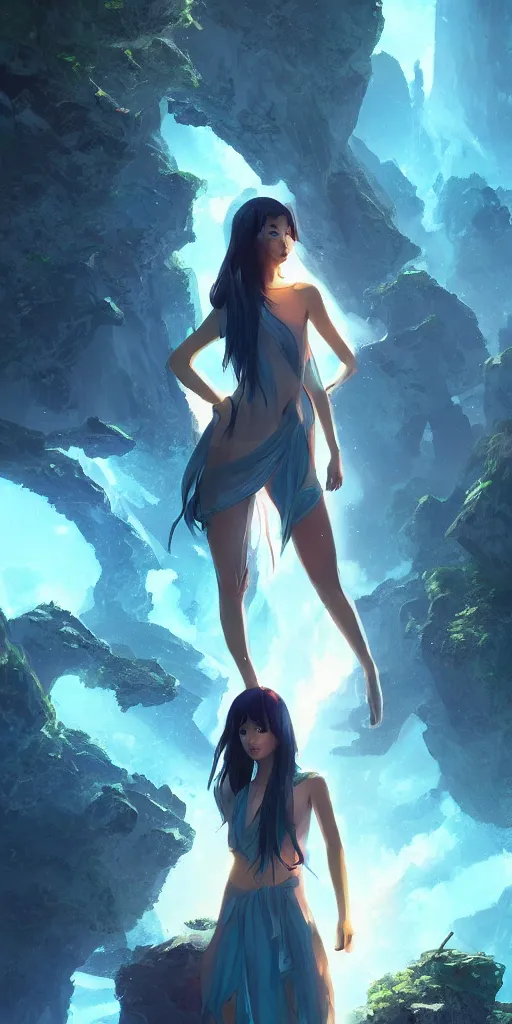 Prompt: beautiful young Himalayan woman with psychic powers, floating in a cave, sad, futuristic, somber, sci-fi summer fashion , by Makoto Shinkai and Wojtek Fus, by studio trigger, rossdraws, dramatic lighting, reflective light