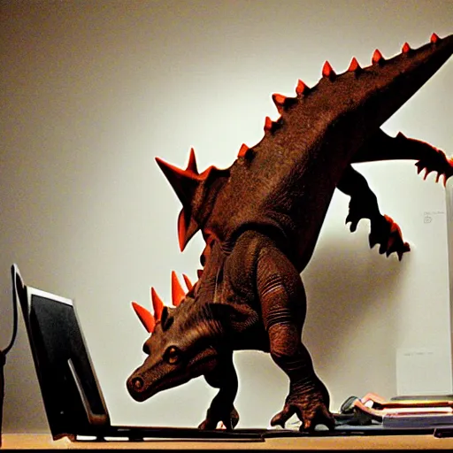 Prompt: dinosaur in dark office looking on computer at picture of a stegosaurus mounting a triceratops