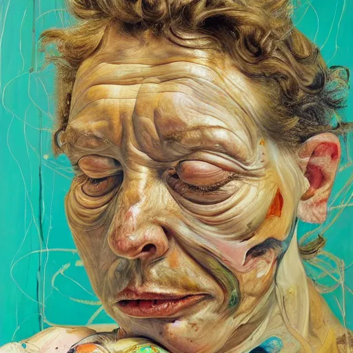 Image similar to high quality high detail painting by lucian freud and jenny saville, hd, golden eal, turquoise