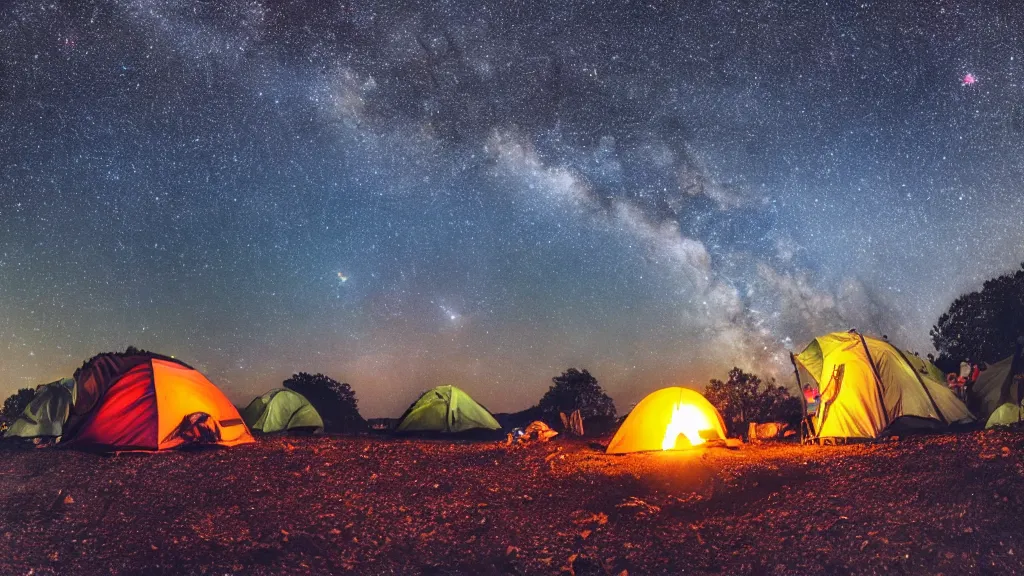 Image similar to camping out in the middle of nature, tents in the background, starry sky, night time, dark, milky way, campfire, highly detailed, 4 k