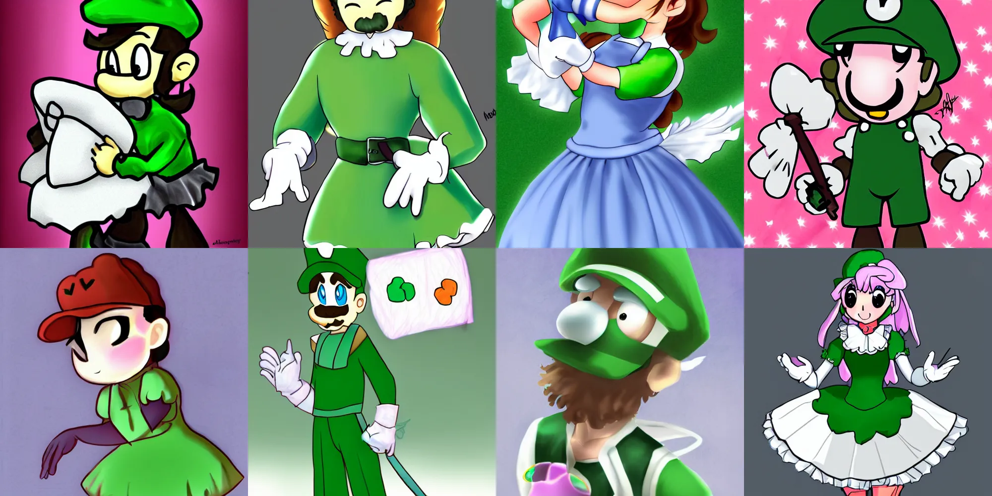 Prompt: femoby luigi wearing a maid outfit fanart deviantart