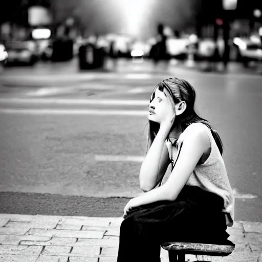 Image similar to black and white fashion photograph, highly detailed portrait of a depressed white drug dealer sitting on a bench on a busy Paris street, looking into camera, eye contact, natural light, rain, mist, lomo, fashion photography, film grain, soft vignette, sigma 85mm f/1.4 1/10 sec shutter