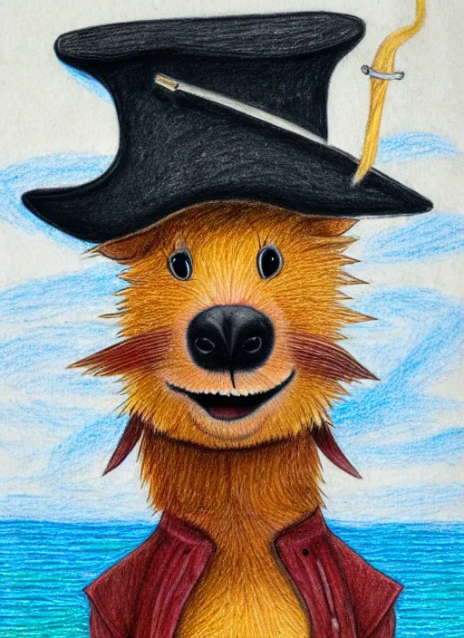 Image similar to detailed colored pencil drawing of a cute anthropomorphic capybara as a pirate