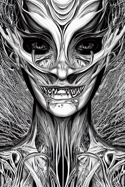 Image similar to black and white illustration, creative design, body horror, alex gray, android jones
