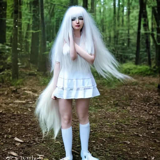 Prompt: a cute white long haired anime foxgirl, in a forest