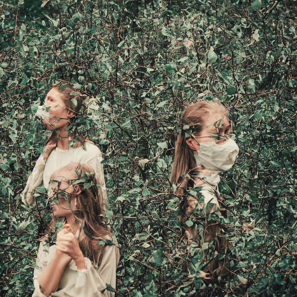 Image similar to woman with mask made of clouds and thorns, standing in a forest, Kodak vision3 500t,