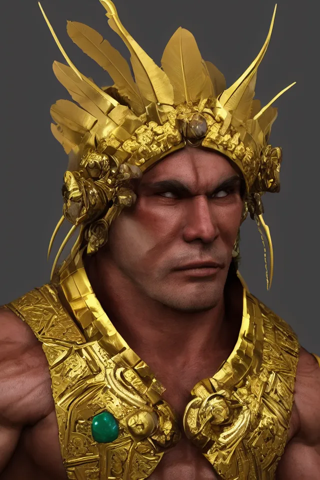 Image similar to A indigenous muscle man with skull head, gold and jade jewelry, feather crown, in the style of Z.W. Gu from trending on artstation, HD, Octane render, smooth, sharp focus, Anime style