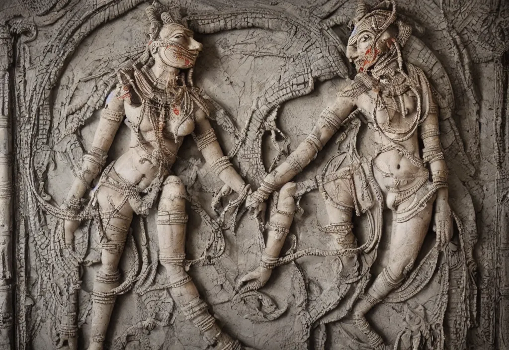 Prompt: high relief indian sculpture of cyborg demon woman, made of polychrome plaster stucco, black metallic paint, middle eastern, cracked, dirty, low relief rococo style patterns on border, realistic, on a large marble wall, highly detailed, photography, high contrast, masterpiece,