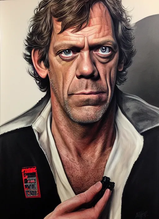 Image similar to portrait of hugh laurie as han solo in star wars, wearing han solos cloth, a black vest and white shirt, hyperrealistic, very detailed painting by glenn fabry, by joao ruas, by artgerm