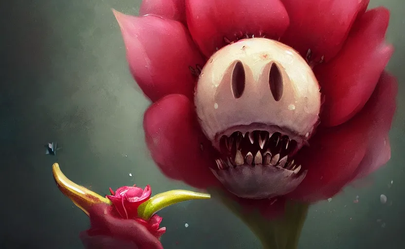 Image similar to close up of a beautiful flower with a mouth with teeth in the middle by Greg rutkowski