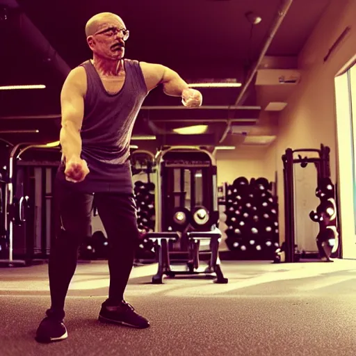 Image similar to “photograph of Walter white working out at the gym, 50mm bokeh, studio lighting, golds gym,”