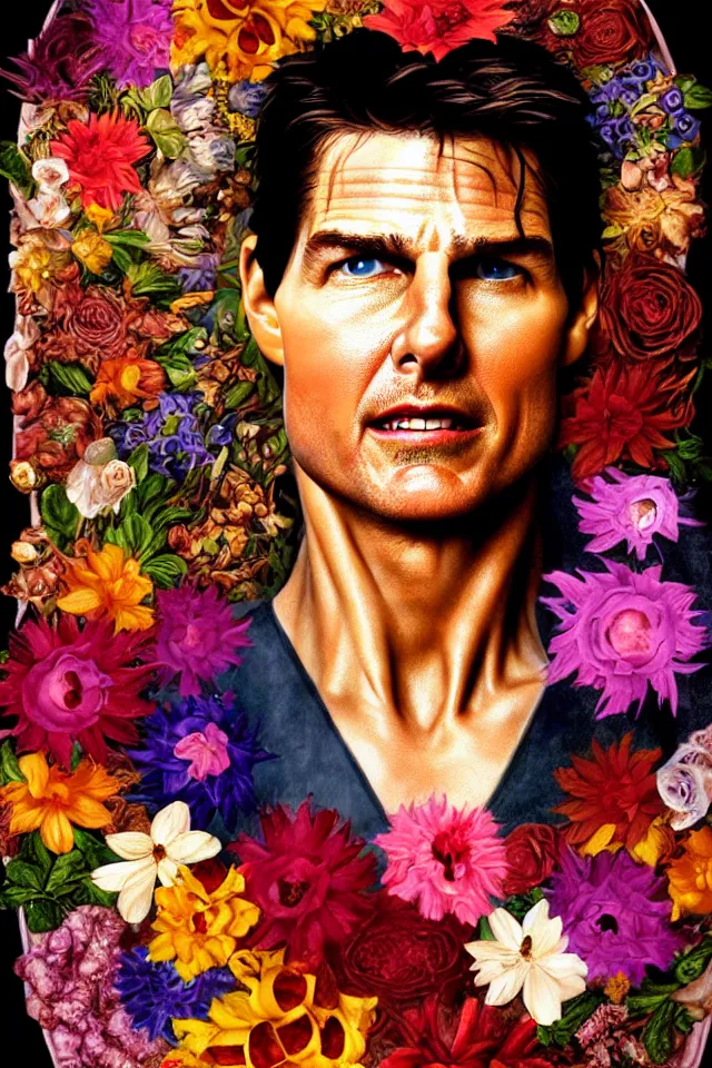 Image similar to bizarre surreal renaissance portrait of tom cruise as a box made out various flowers, dramatic cinematic lighting, bold colors, 8 k, beautiful intricate painting