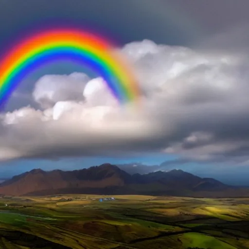 Image similar to a kiwi bird flying in the clouds, there is a rainbow behind it, detailed, 8k