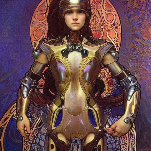 Image similar to realistic detailed 14-year old girl wearing future cybernetic battle armor by Alphonse Mucha, Moebius, Davinci, Donato Giancola, Art Nouveau, Neo-Gothic, gothic, rich deep colors