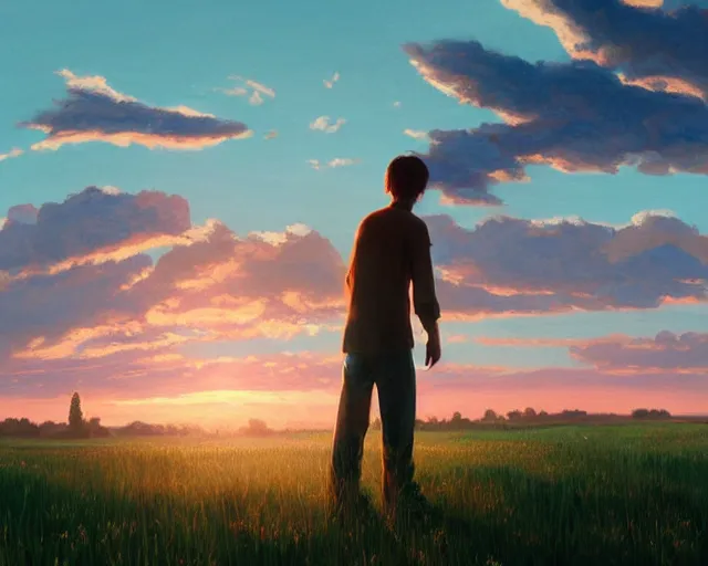 Image similar to a painting of a man standing in a field at sunset, a detailed matte painting by makoto shinkai, cgsociety, neo - primitivism, anamorphic lens flare, matte painting, global illumination