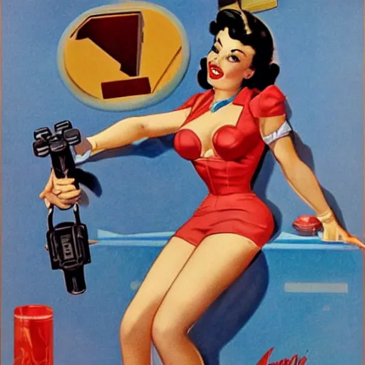 Prompt: a pin up girl holding a videogame controller, by Alberto Vargas, highly detailed and intricate