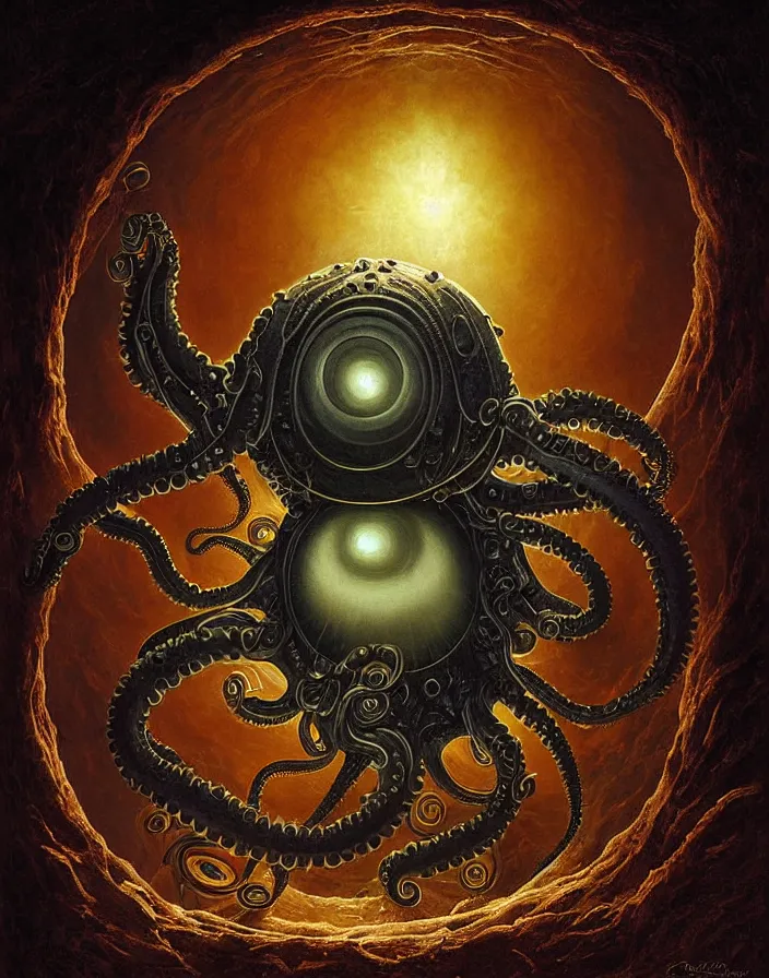 Image similar to a detailed digital art of an alien creature with multiple eyes and tentacles emerges from a glowing orb in the center of a dark, foreign landscape,by Albert Bierstadt, Yohann Schepacz and Laurel Burch,style of grim dark, Kai Fine Art, chiaroscuro, dark academia, copper patina,detailed, ornate, maximalist, 8k, cinematic, compositing, post processing, award winning art,artstationHQ,artstationHD