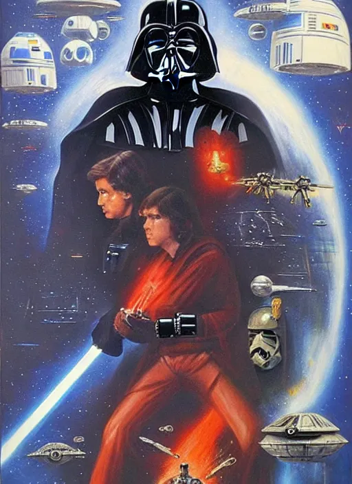 Prompt: 1 9 8 6 poster for star wars. oil on canvas. print.