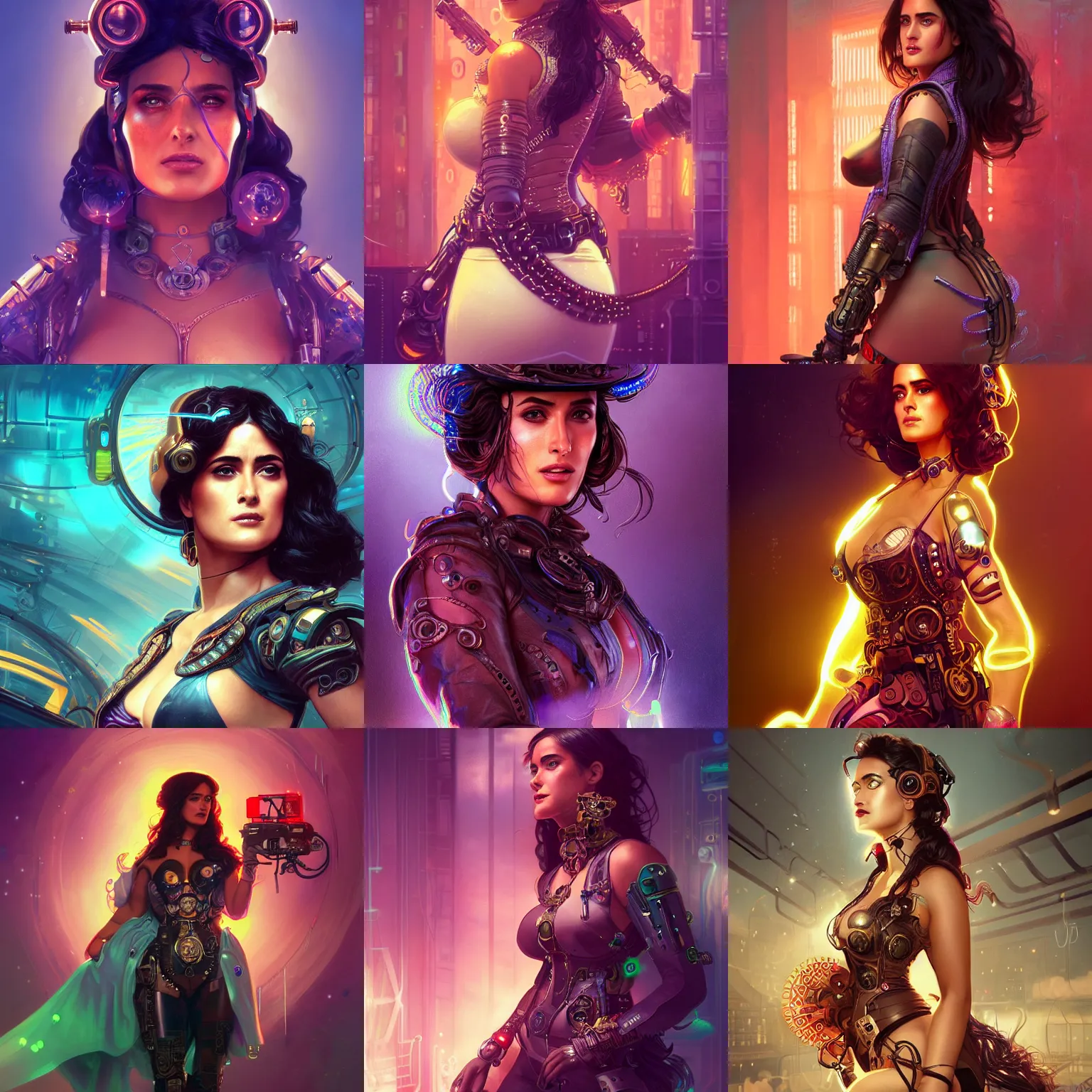 Prompt: portrait futuristic salma hayek steampunk half - cyborg cowgirl, neon light rooftop, fantasy, intricate and very very beautiful and elegant, highly detailed, digital painting, artstation, concept art, smooth and sharp focus, illustration, art by tan zi and ayanamikodon and alphonse mucha and wlop