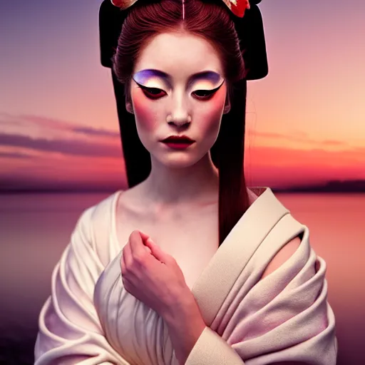 Image similar to photographic portrait of a stunningly beautiful renaissance female with geisha makeup in soft dreamy light at sunset, contemporary fashion shoot, by edward robert hughes, annie leibovitz and steve mccurry, david lazar, jimmy nelsson, breathtaking, 8 k resolution, extremely detailed, beautiful, establishing shot, artistic, hyperrealistic, beautiful face, octane render