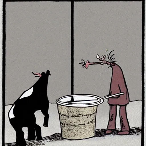 Image similar to a cow points at a bucket, illustrated by gary larson, far side comic, b & w