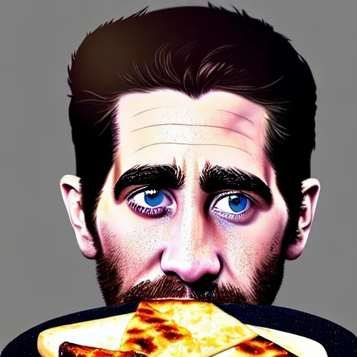 Prompt: food photography of jake gyllenhaal's face fused with halloumi cheese ( ( white halloumi cheese hybrid with jake gyllenhaal face ) ), jake gyllenhaal sentient cheese man, by greg rutkowski