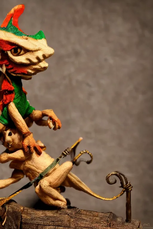 Image similar to a tiny pixie-like dragon sitting on the shoulder of a wooden marionette painted like an elf, high resolution film still, 8k, HDR color