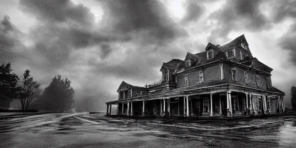 Image similar to Lovecraft Country, ultra detailed haunted house, stormy weather, rain, ultra detailed rain clouds, establishing atmospheric shot, unreal engine, F11 aperture, night, detailed volumetric fog, lighting and thunder, film grain, ultra detailed grey 1948 Packard Station Sedan parked in the street,