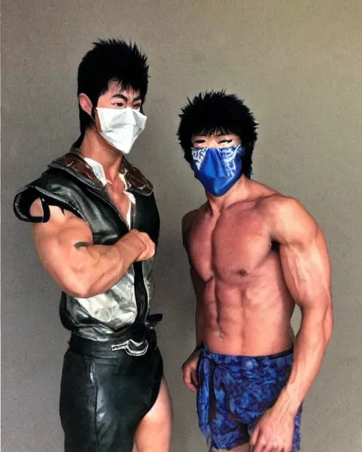 Image similar to Photograph of handsome muscular Japanese actor dressed as Kenshiro from fist of the North Star and as his brother Jaguar wearing his face mask, photorealistic, photographed in the style of Annie Leibovitz