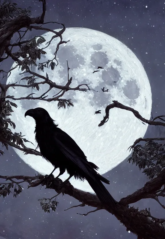 Image similar to crow on tree in front of the full big moon, highly detailed, digital painting, artstation, concept art, smooth, sharp focus, illustration, Unreal Engine 5, 8K, art by artgerm and greg rutkowski and alphonse mucha