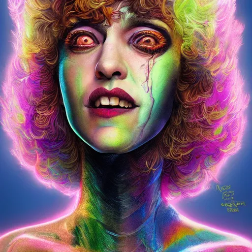 Image similar to hyperdetailed portrait of kristen schaal as delirium of the endless, colourful make up, the sandman, made by caravaggio stanley artgerm lau wlop rossdraws artstation cgsociety concept art cgsociety octane render