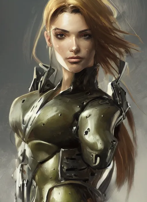 Image similar to a professionally painting of an attractive young female, partially dressed in military armor, olive skin, long dark hair, beautiful bone structure, perfectly proportioned, symmetrical facial features, intricate, elegant, heroic pose, digital painting, concept art, illustration, smooth, sharp focus, finely detailed, from Metal Gear, by Ruan Jia and Mandy Jurgens and William-Adolphe Bouguerea