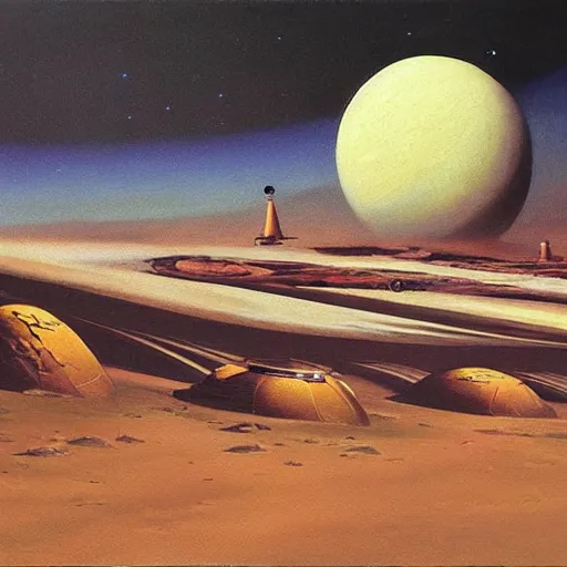 Prompt: oil painting of “the first explorers on Venus” vintage scifi art by Vincent Di Fate