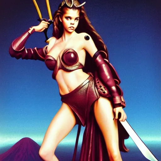 Prompt: barbara palvin supermodel posing as an amazon holding a sword, volcanic background, art by peter lloyd, 1 9 8 0's art, retro art, airbrush style, art by hajime sorayama,, intricate, elegant, sharp focus, illustration, highly detailed, concept art, matte, sharp focus, art by peter palombi, charles e. white