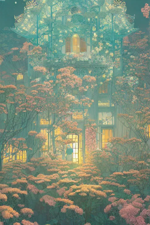 Image similar to a beautiful hyperdetailed matte illustration victo ngai style of absolutely beautiful blooming flower house, from china, perfectly shaded, atmospheric lighting, style of studio ghibli, makoto shinkai, raphael lacoste, louis comfort tiffany, artgerm, james jean, ross tran, chinese style