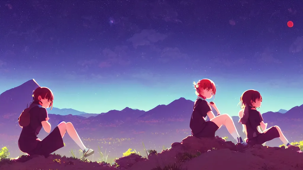 Image similar to a schoolgirl girl sat on the hillside and looked at the stars in the night sky, midnight, spectacular milky way, shining meteor, rich vivid colors, ambient lighting, official media, anime key visual, makoto shinkai, ilya kuvshinov, lois van baarle, rossdraws, detailed, trending on artstation.