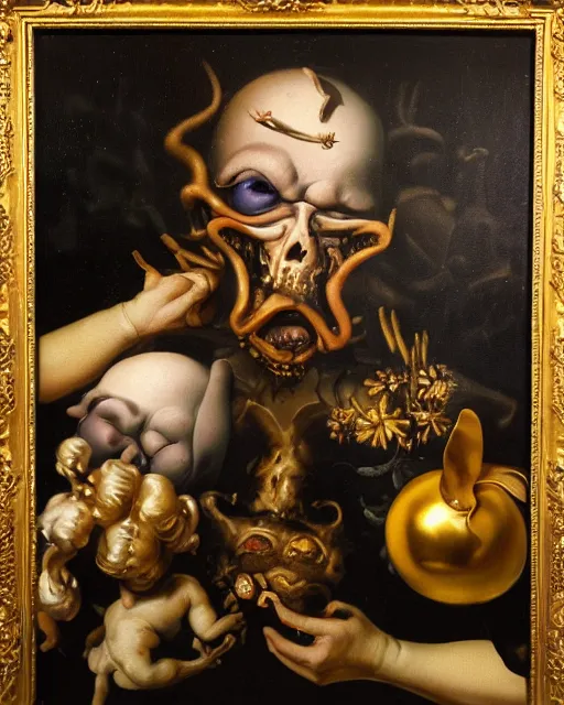 Prompt: refined dutch golden age vanitasgorgeous blended oil painting with black background by christian rex van minnen rachel ruysch dali todd schorr of a chiaroscuro portrait of an extremely bizarre disturbing mutated man with shiny skin acne dutch golden age vanitas intense chiaroscuro cast shadows obscuring features dramatic lighting perfect composition masterpiece