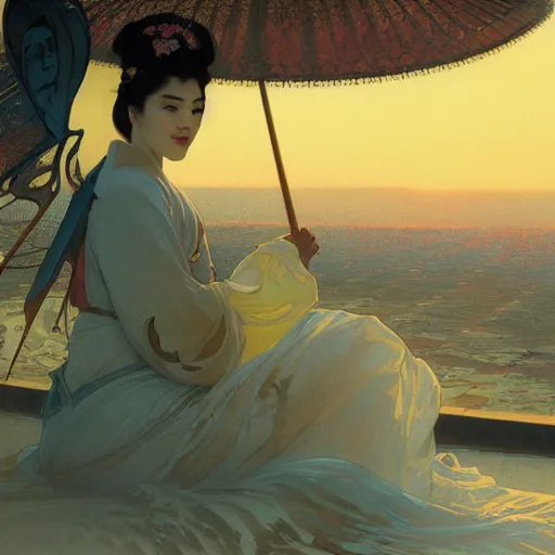 Image similar to matte painting of a geisha on sunset, alphonse mucha, james gurney, greg rutkowski, john howe, artstation