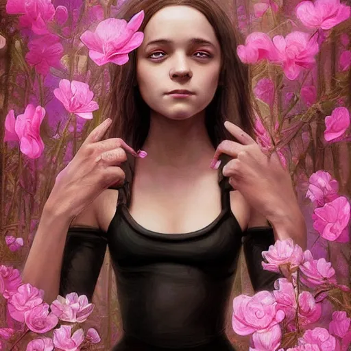 Prompt: black snake moan, pink petals with a a bored hailee steinfeld and christina ricci mixed with mona lisa, intricate, elegant, highly detailed, wonderful eyes, sweet, digital painting, artstation, concept art, smooth, sharp focus, illustration, art by artgerm and greg rutkowski and concept art, rectilinear vaporwave