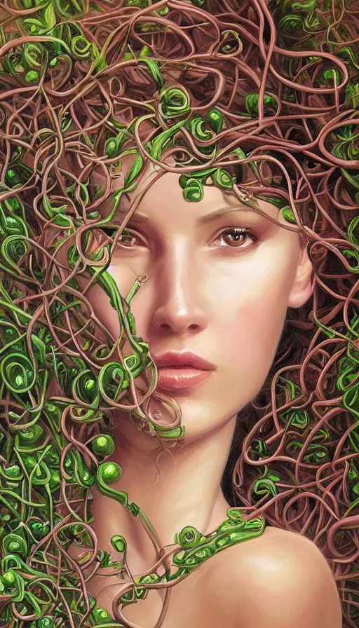 Prompt: very detailed portrait of a 2 0 years old girl surrounded by tentacles, the youg woman visage is blooming from fractal and vines, by rob hefferan