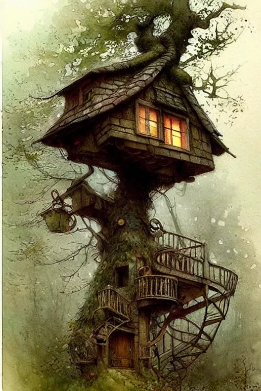 Prompt: (((((1950s fairy tale cottage tree house . muted colors.))))) by Jean-Baptiste Monge !!!!!!!!!!!!!!!!!!!!!!!!!!!