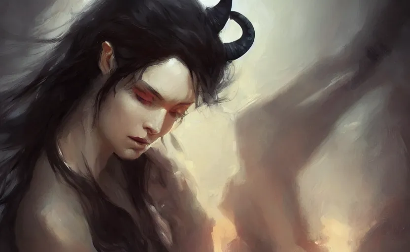 Image similar to a painting of aki trending on artstation in the style of greg rutkowski, beautiful, sensuality, natural, horns on head, long black hair, portrait