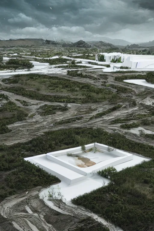 Image similar to bioremediation white architecture, in chuquicamata, epic, cinematic, hyperealistic, high detailed, corona render, hdr, ray tracing