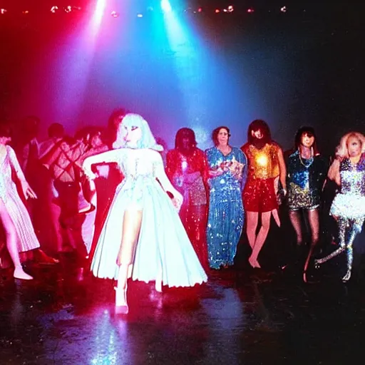 Image similar to Lady Gaga in the 70s disco dancing atmospheric lighting