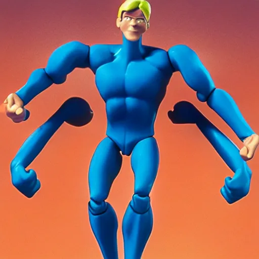 Image similar to Stretch Armstrong filled with air. Overinflated muscles. Giant action figure made of rubber.